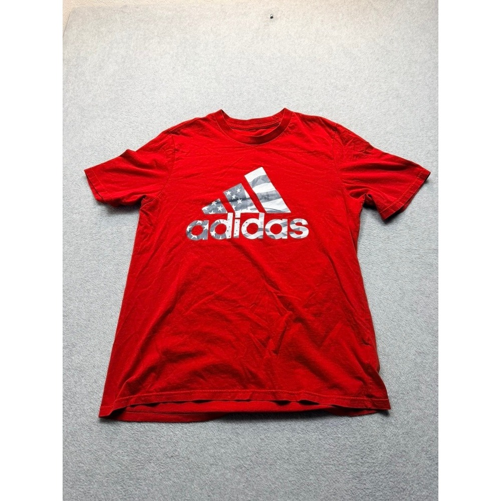 Adidas Mens Red American Flag Graphic Logo T-Shirt Short Sleeve Crewneck Large